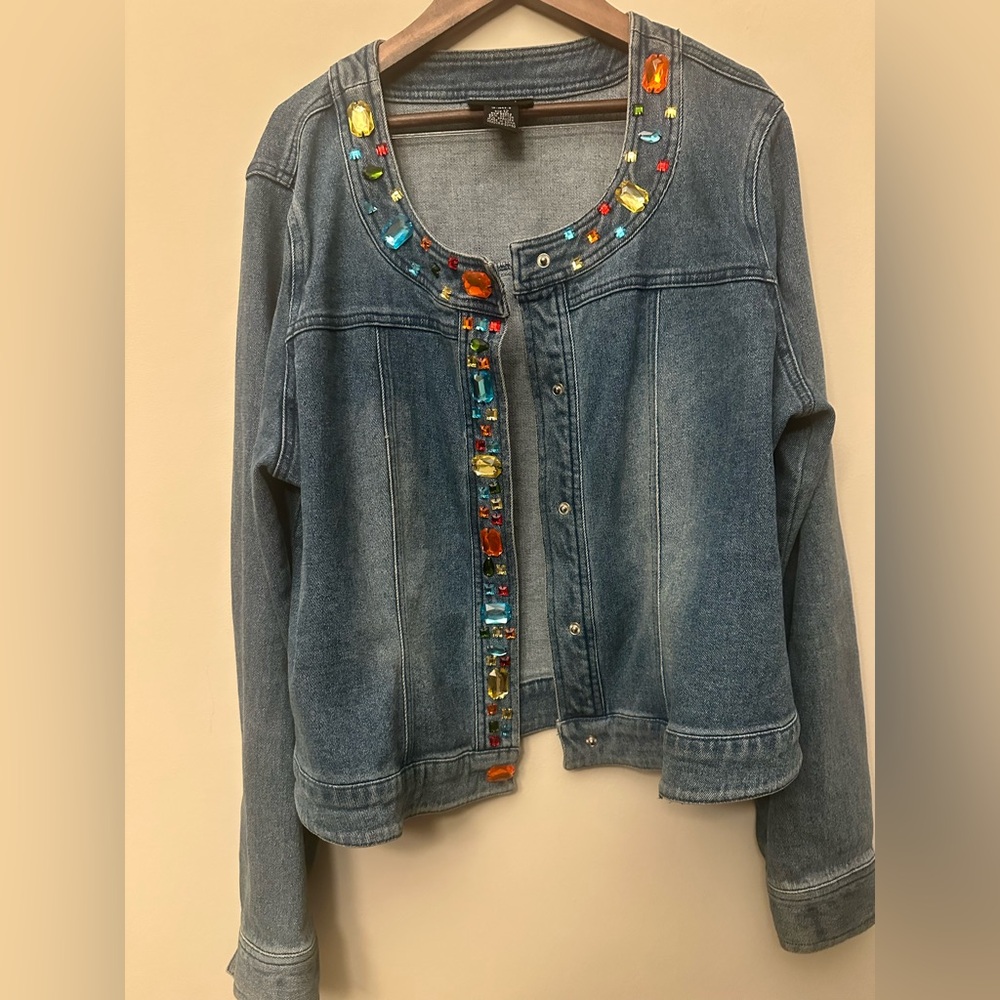 EUC Metrostyle Stretch Denim Jacket with Multicolor Gem Embellishments Size 12 - Picture 4 of 6